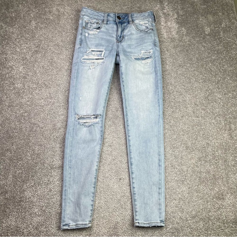 American Eagle Jegging Women's 4 Blue Skinny Low Rise Light Wash Ripped Stretch